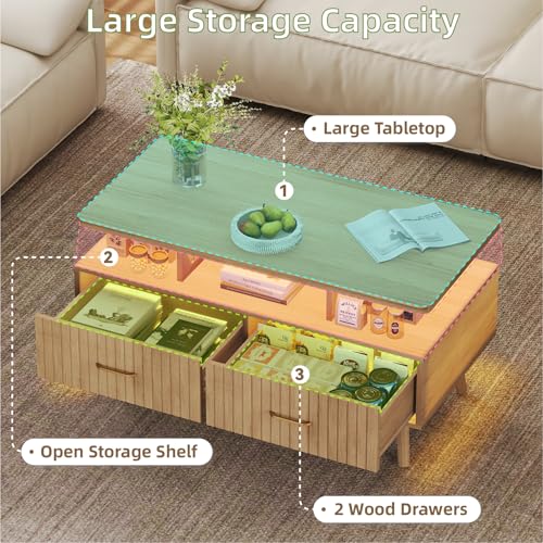 YOSHOOT 37-Inch LED Coffee Table with Storage & Remote Control - Nature Finish