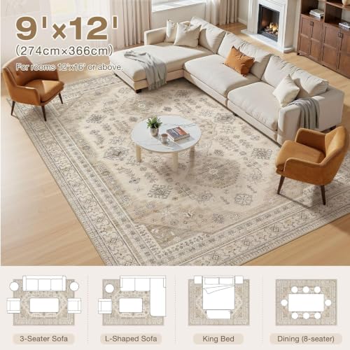 Beige 9x12 Washable Area Rug - Vintage Style, Soft Non-Slip Living Room Carpet