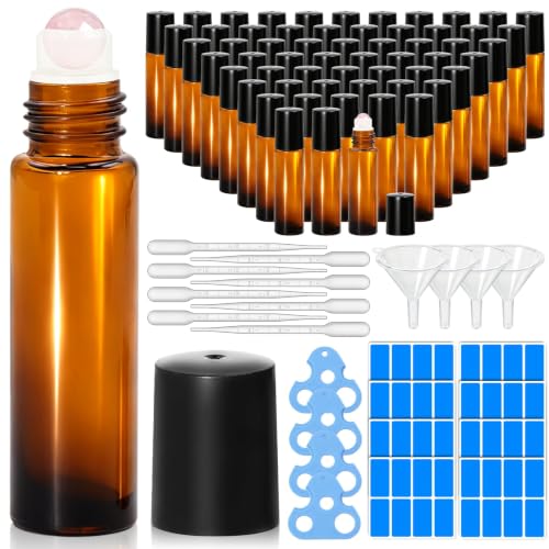 Amber Rose Quartz 10ml Essential Oil Roller Bottles, 60 Pack – Leakproof