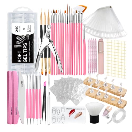 Acrylic Fake Nails Kit with File & Buffer - Press On Nail Set with 240 Tips & Tools - Variation of Press On Nail Kit With File Buffer