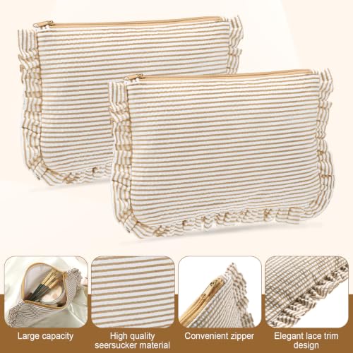 Sanwuta 6 Pcs Seersucker Makeup Bags for Women, Striped Khaki