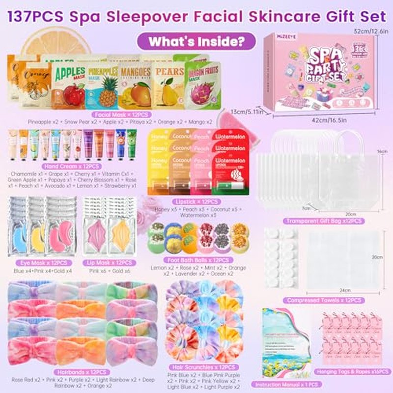 137 PCS Spa Party Supplies For Girls, Include Face Mask, Bath Bombs, Hand Cream, Eye Mask, Lip Mask, Lipstick, Hairband, Natural & Relaxing Sleepover Spa Gift Kit For 12 People, Gentle Moisturizing