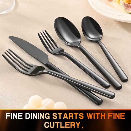 TININA Black 40-Piece Stainless Steel Flatware Set for 8 - Modern Round Handle, Mirror Finish, Dishwasher Safe
