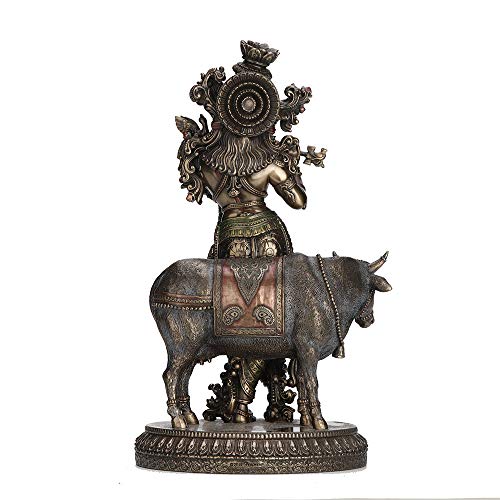 Krishna Playing Flute with Holy Cow Sculpture - Hindu Mythology Decor