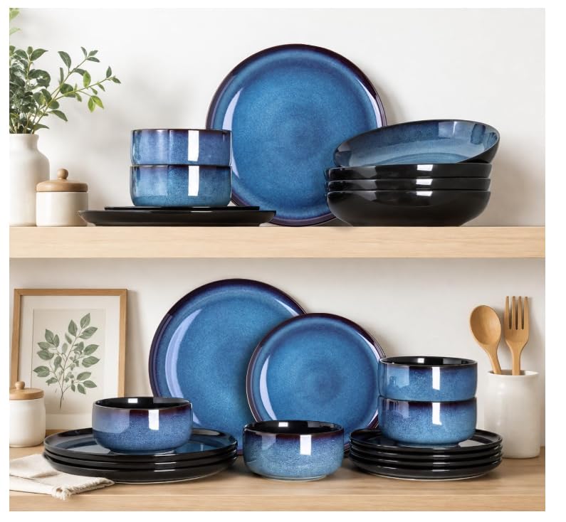 LeRatio Ceramic Dinnerware Set for 4 - Modern Blue 12 Pieces, Plates & Bowls