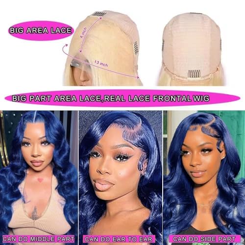 Blue Lace Front Wig Human Hair Body Wave 20 Inch Glueless Pre Plucked with Baby Hair - Navy Blue 13x4 HD Lace Frontal Variation of THIS listing
