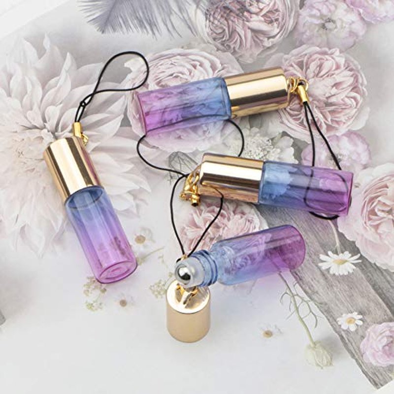 10 Pack 5mL Glass Roller Bottles Blue Purple Gradient with Keychain Rollerball Applicator for Essential Oils Perfume DIY Crafts Samples Eye Care Leak Proof Portable Refillable Empty