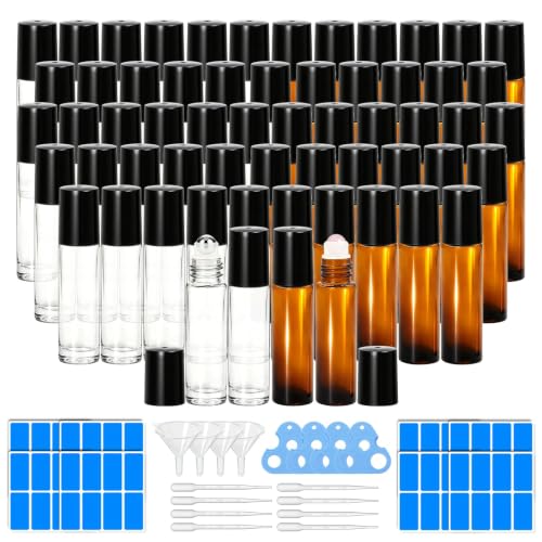 60 Pack Reusable Essential Oil Roller Bottles 10ml - Amber & Clear Variation