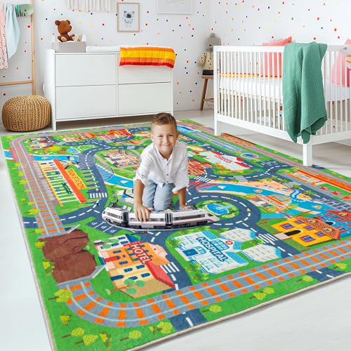 Green Town City 5x7 ft Car Play Mat for Kids Room - Traffic Road Rug for Imaginative Play