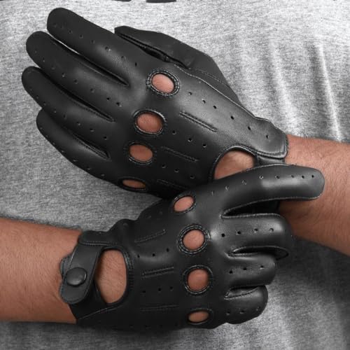 Men's Black Large Leather Driving Gloves - Touchscreen, Breathable, Classic Knuckle Design