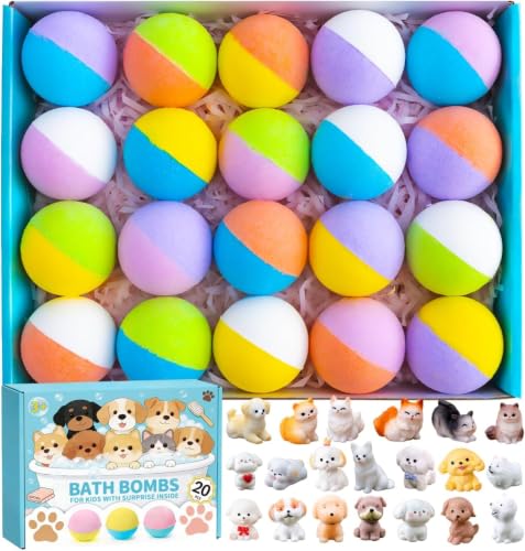 Kids Bath Bombs Set with Toys Inside - 20 Pack in Blue Green Orange Pink - Surprises & Bubble Bath Fun