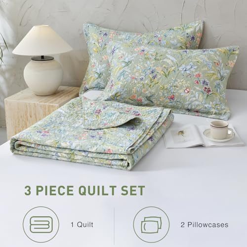 Lady Ann Green Floral Cotton King Quilt Set with Pillow Shams - All Season Botanical Bedding