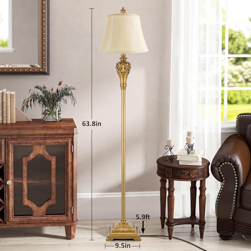 Vintage Floor Lamp with Cream Faux Silk Shade - Tall Standing Brass & Resin Design, 63.8in, Cream & Brass Variation