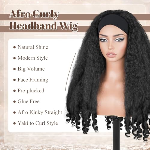 Afro Curly Headband Wig for Black Women - 22 Inch Kinky Curly Synthetic Half Wig with Bouncy Ends - Black Variation