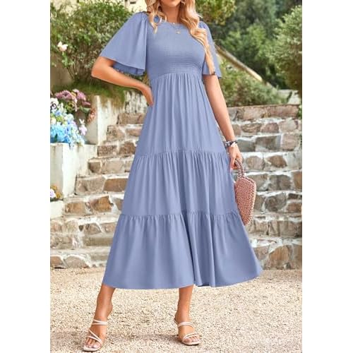 KIRUNDO Summer Dresses for Women 2026 Spring Casual Flutter Short Sleeve Wedding Guest Smocked Flowy Tiered Aline Midi Dress