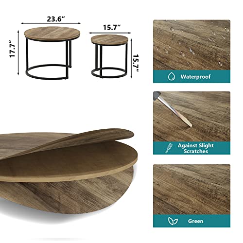 Smuxee Nesting Coffee Table Set of 2 - 23.6" Oak Round Industrial Side Tables