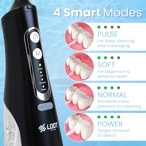 Advance Black Cordless Dental Water Flosser with 4 Modes & 8 Tips - 310ML