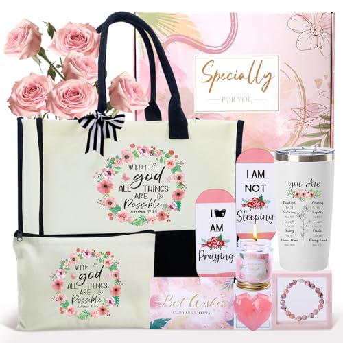 Christian Gifts for Women Faith Inspirational Religious Gifts Baskets for Mother Friends Grandma Encourage Bible Baptism Set with Canvas Tote Bag Socks Tumbler