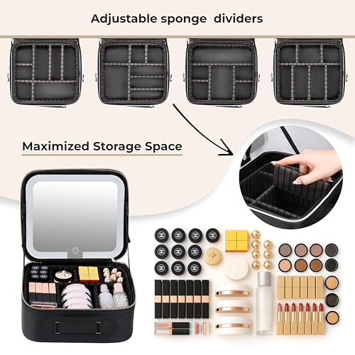 LED Mirror Makeup Bag with PU Leather Travel Organizer - Adjustable Brightness, Dividers & Handle