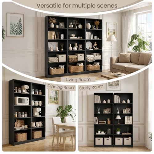 5-Tier Open Cube Bookshelf - Heavy-Duty Melamine Shelving, 71in tall, Anti-Tipping