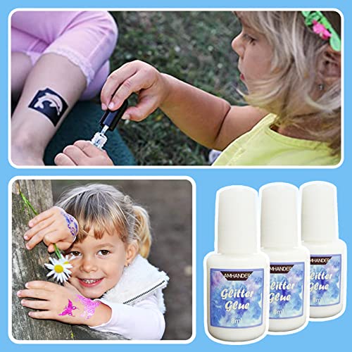 Temporary Tattoo Glue - Yomagine 8ml Glitter Glue Brush Bottle, Water Soluble Body Painting Glue, Ideal for Halloween, Carnival, Birthday Party, Theme Party, Costume Events & Makeup Artists (3 Pcs)