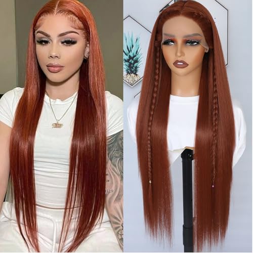 30 Inch Reddish Orange Lace Front Wig for Black Women - Long Straight, Pre Plucked, Glueless, Heat Resistant Synthetic Hair, Natural Hairline - Variation #AReddish Orange