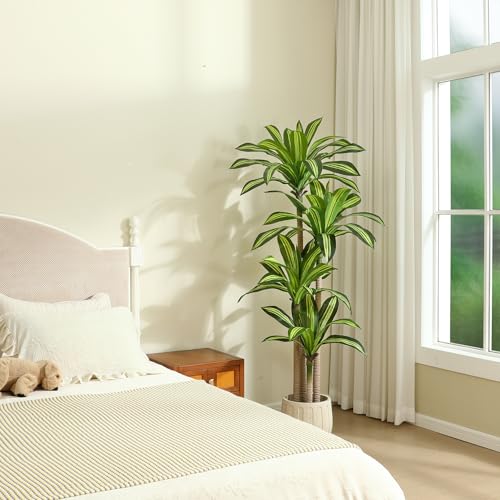 Artificial Dracaena Tree 6 Ft with Black Basket - Indoor Faux Plant, Realistic Decor