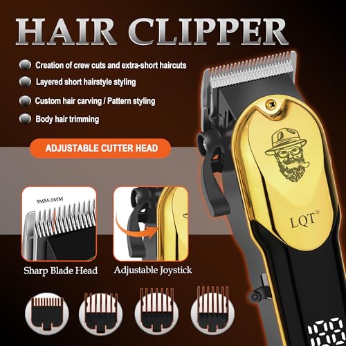 3-in-1 Barber Kit, Professional Hair Clipper, T-Blade Trimmer & Foil Shaver Set, Long-Lasting Battery, LED Display, Cordless Rechargeable Hair Cutting Tools for Men, Gold, Home-use, Gifts for Men