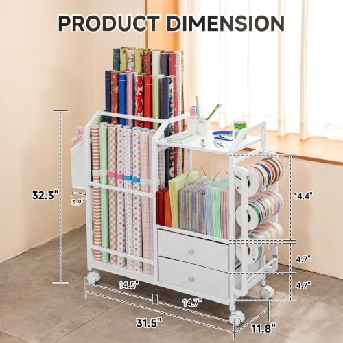 Aquzee White Large Wrapping Paper Storage Cart with Drawer & Ribbons