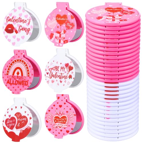 Namalu 36 Pcs Galentine's Day Pink Mini Compact Mirrors Gifts Bulk for Women Portable Round Pocket Makeup Mirror Gift for Xmas Purse Party Favors