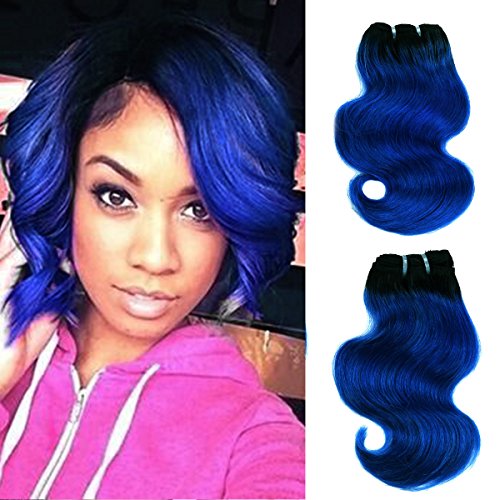FASHION LINE 8" Human Hair Extensions Ombre Blue 4 Bundles, Brazilian Virgin Body Wave
