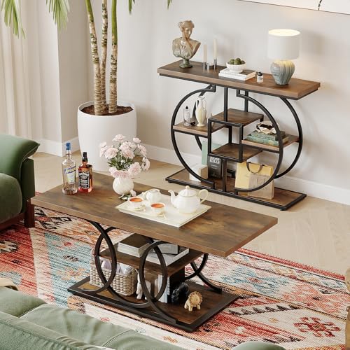 GiftGo Narrow Console Table for Entryway Brown 4-Tier Rustic Sofa Behind Couch