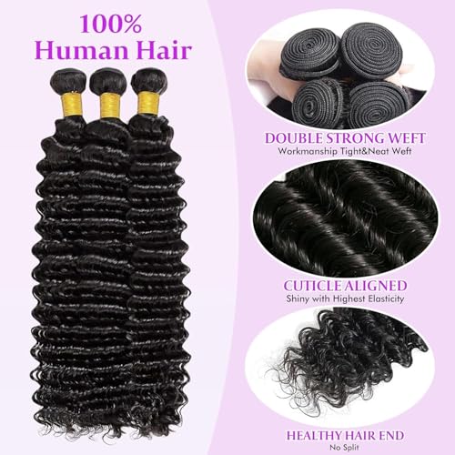 Deep Wave Human Hair Bundles 20 22 24 Inch Virgin Brazilian Curly Extensions