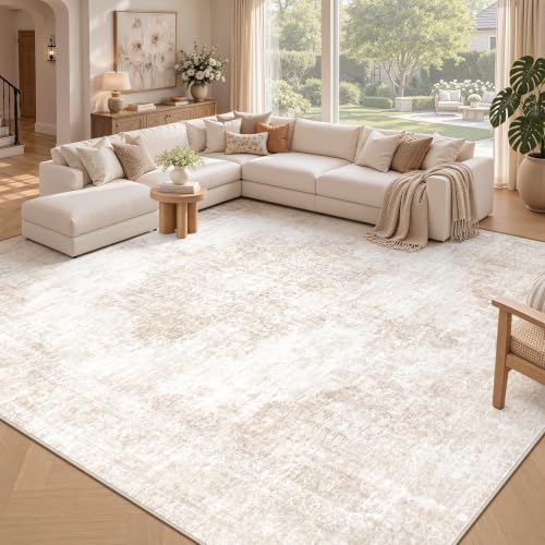 8x10 Beige/Brown Vintage Rug - Washable Large Living Room Floor Carpet with Non-Slip Backing