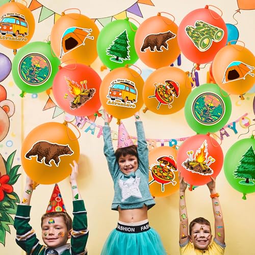 72 PCS Camping Party Favors for Kids ? 48 Pre-Cut Temporary Tattoos & 24 Camping Punch Balloons Themed Birthday Party Decorations Supplies Favors Gifts, Goodie Bag Fillers, Classroom Rewards