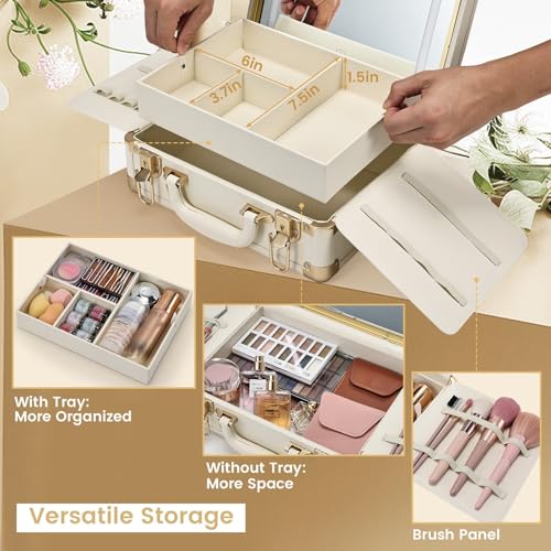 Lighted Makeup Case with Detachable Tray, Beige Vegan Leather Makeup Box Rechargable 3-Color LED Mirror, Travel Train Case Makeup Bag Organizer with Champagne Alloy