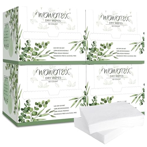 WOWOTEX Disposable Face Towels 240 Count - Ultra Soft, Biodegradable, Multi-Purpose Facial & Body Wipes (4 Boxes)