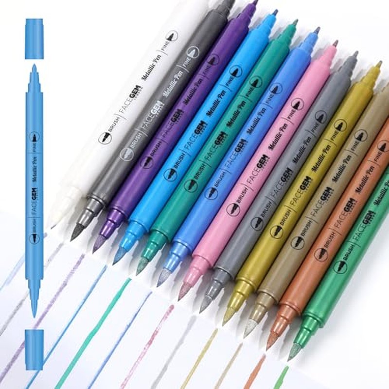 12 Metallic Temporary Tattoo Markers ? Create Temporary Tattoos with Dual-Tip Body Markers, Bold & Fine Lines, Waterproof, Fast-Drying, Non-Toxic, 42 Stencils, Fake Tattoos Set, Tattoo