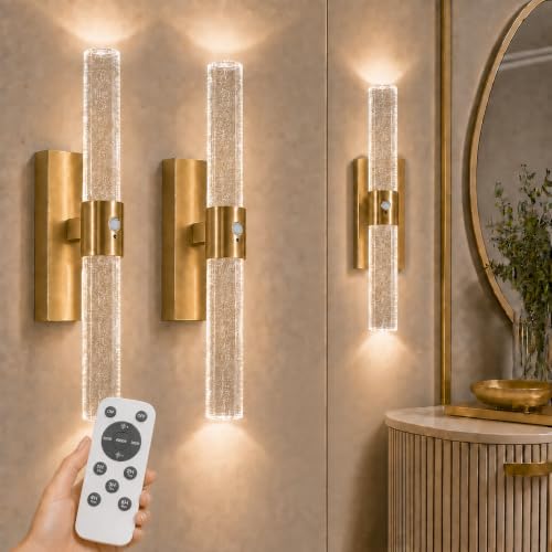 Wireless Rechargeable Wall Sconces Set of 2 with Remote - Brushed Gold & Bubble Crystal