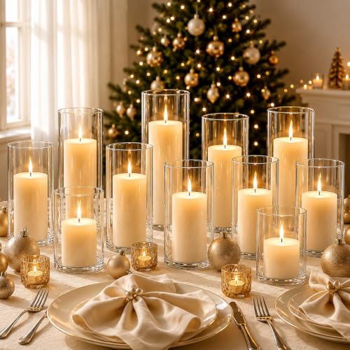 Ivory White Pillar Candle and Glass Vase Set - 24 Pieces with Hurricane Holders - Wedding & Event Decor (Variation: Ivory / 24)