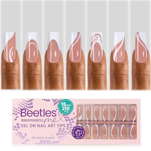 Beetles French Tip Press on Nails Long Square, 15 Sizes Soft Gel Nail Tips Jelly Brown 7 Styles Pre-Designed 4 in 1 Fake Nails Natural Look False Nail Tips for Nail Extensions Nail Art Gifts for Girls