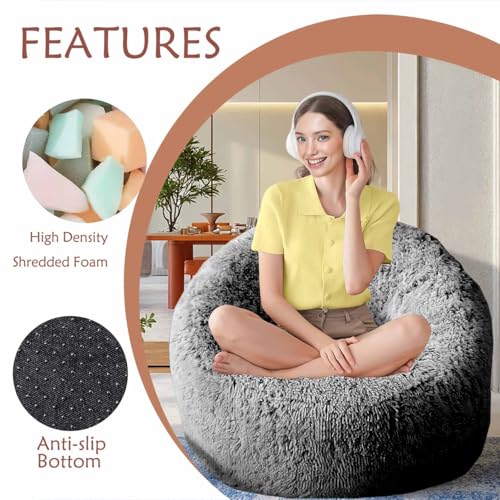 Aodenge 4FT Black Plush Faux Fur Bean Bag Chair with Memory Foam - Kids & Adults Lazy Sofa