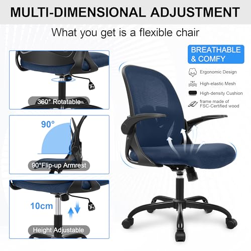 Primy Navy Ergonomic Office Chair with Flip Armrests, Adjustable Lumbar & Height