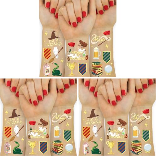 Wizard Party Temporary Tattoos - Gold Foil Kids Party Favors, 60 Designs, One Size Pack of 3