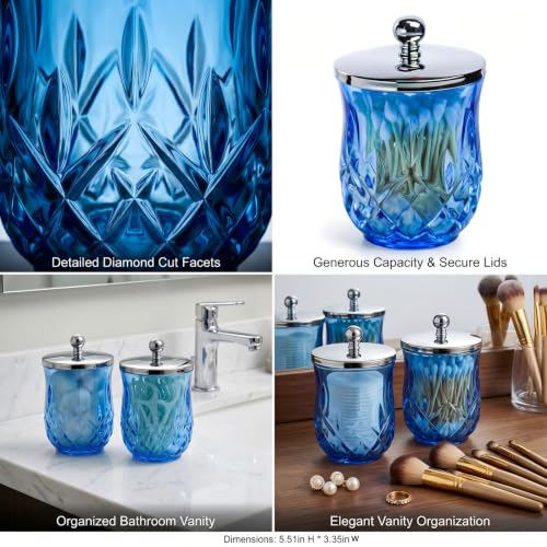 Blue 10Oz Glass Q-Tip Holder 2 Pack - Round Bathroom Cotton Organizer