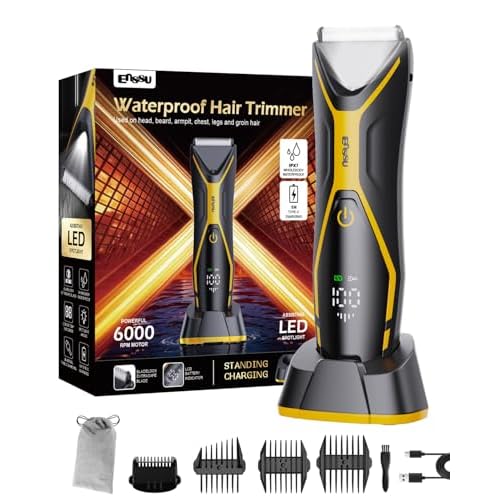 Electric Body Hair Trimmer for Men Type-C Rechargeable, Ball Pubic Trimmer Shaver Men with LED Light, Groin Body Groomer for Man, USB Recharge Dock& 1H Fast Charge, LED Display, Black+Yellow