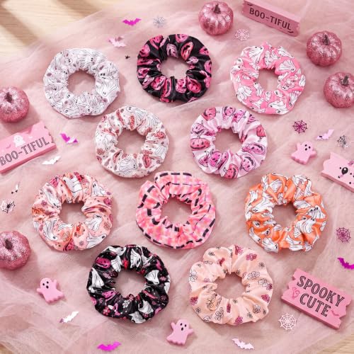Halloween Satin Hair Scrunchies - Ghost & Pumpkin Elastic Ties - 80 Pack - Pink & Spooky Styles