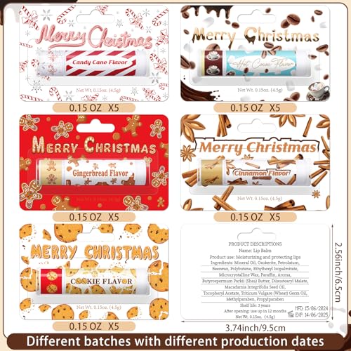 25 Pcs Christmas Lip Balm Set - Holiday Party Favors Peppermint & Seasonal Flavors - Bulk Moisturizing Lip Care