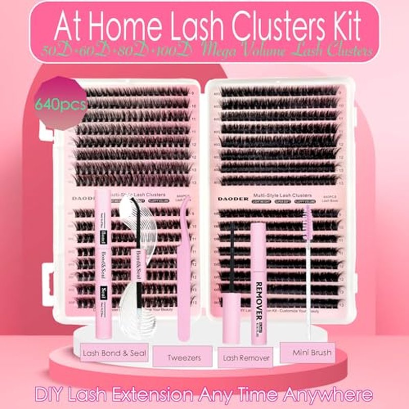 DAODER Thick Short DIY Lash Extension Kit 640pcs 50D 60D 80D 100D Mixed Volume 3D Cluster Eyelash Extensions Fluff D Curl Individual Lashes Clusters with Lash Remover Bond Seal 9-13mm