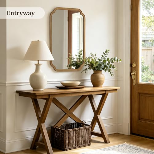 36-Inch Natural Light Woodgrain Rounded Corner Wall Mirror with Frame - Entryway & Living Room Decor